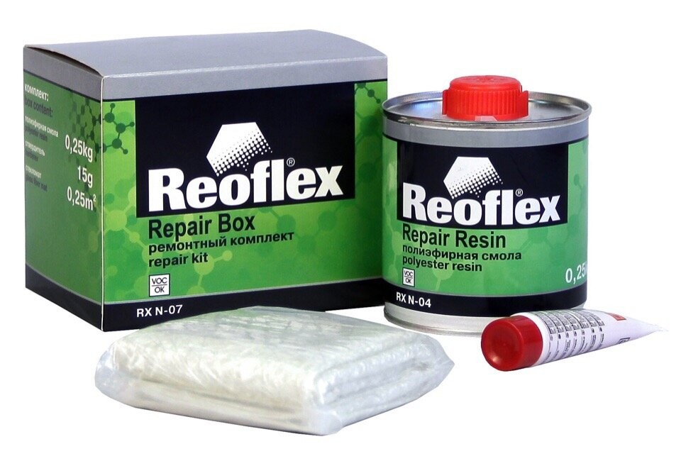 Набор для ремонта бамперов. Ремонтный комплект(смола+стеклоткань) Reoflex. Полиэфирная смола Reoflex. Reoflex ремкомплект для пластиков 4* RX N-07/50.